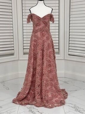 Off-Shoulder Dusty Rose Embroidered Gown